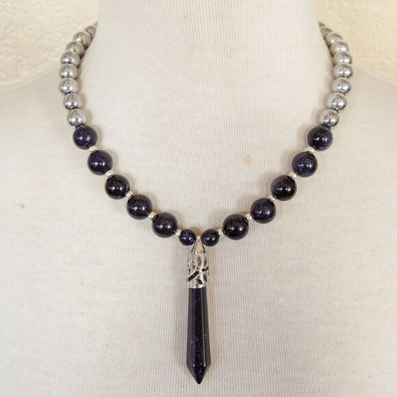 Southwestern Navy Blue & Silver Sparkle Sandstone Point Pendant Necklace